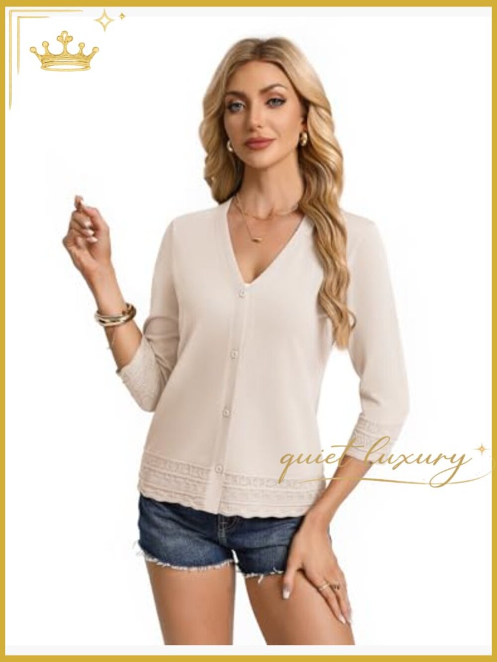 Lightweight 3/4 Sleeve Open Front Button Down Cardigan Sweater - Picture 5 of 7